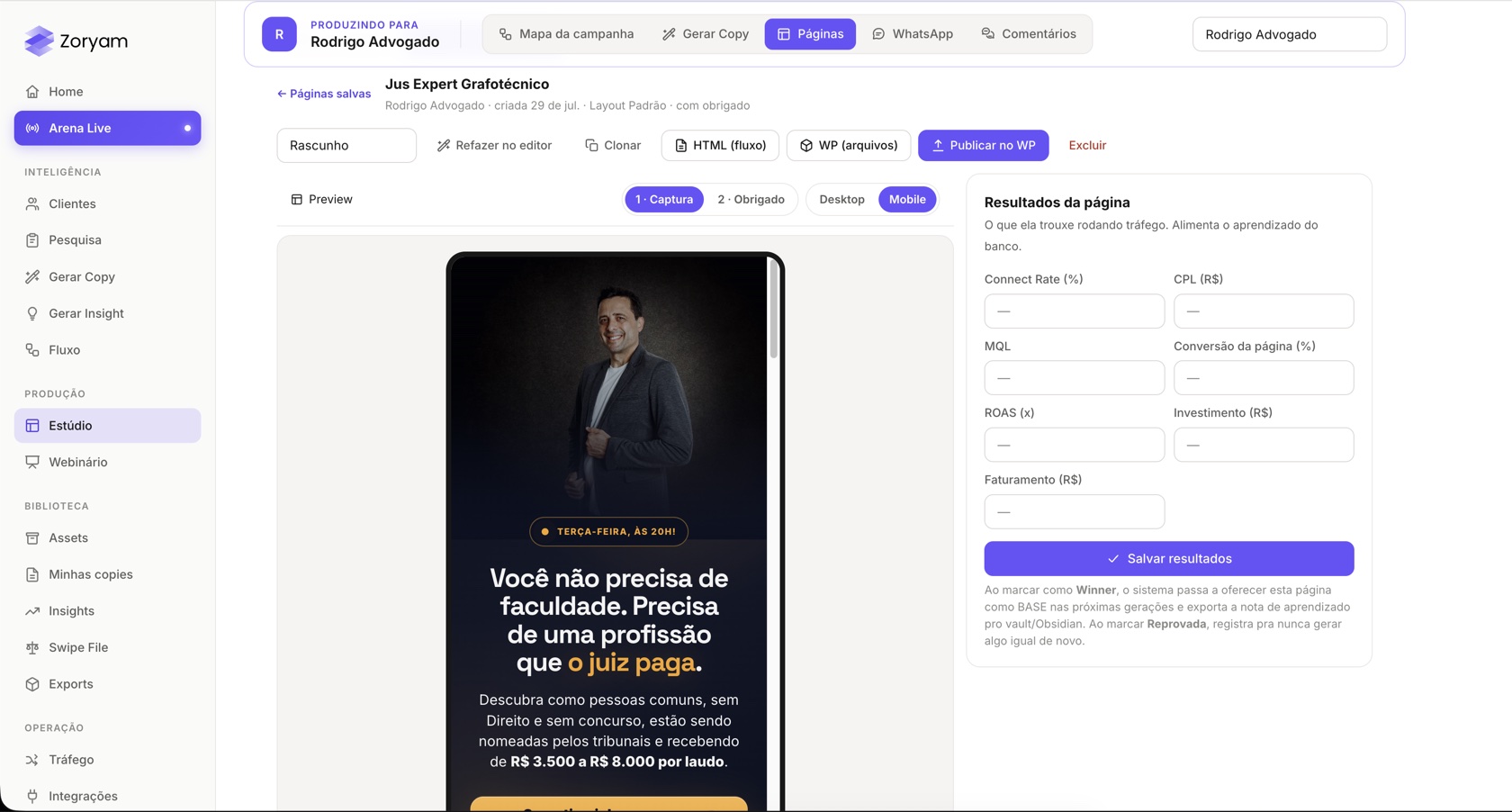Páginas — preview e publicação no WordPress